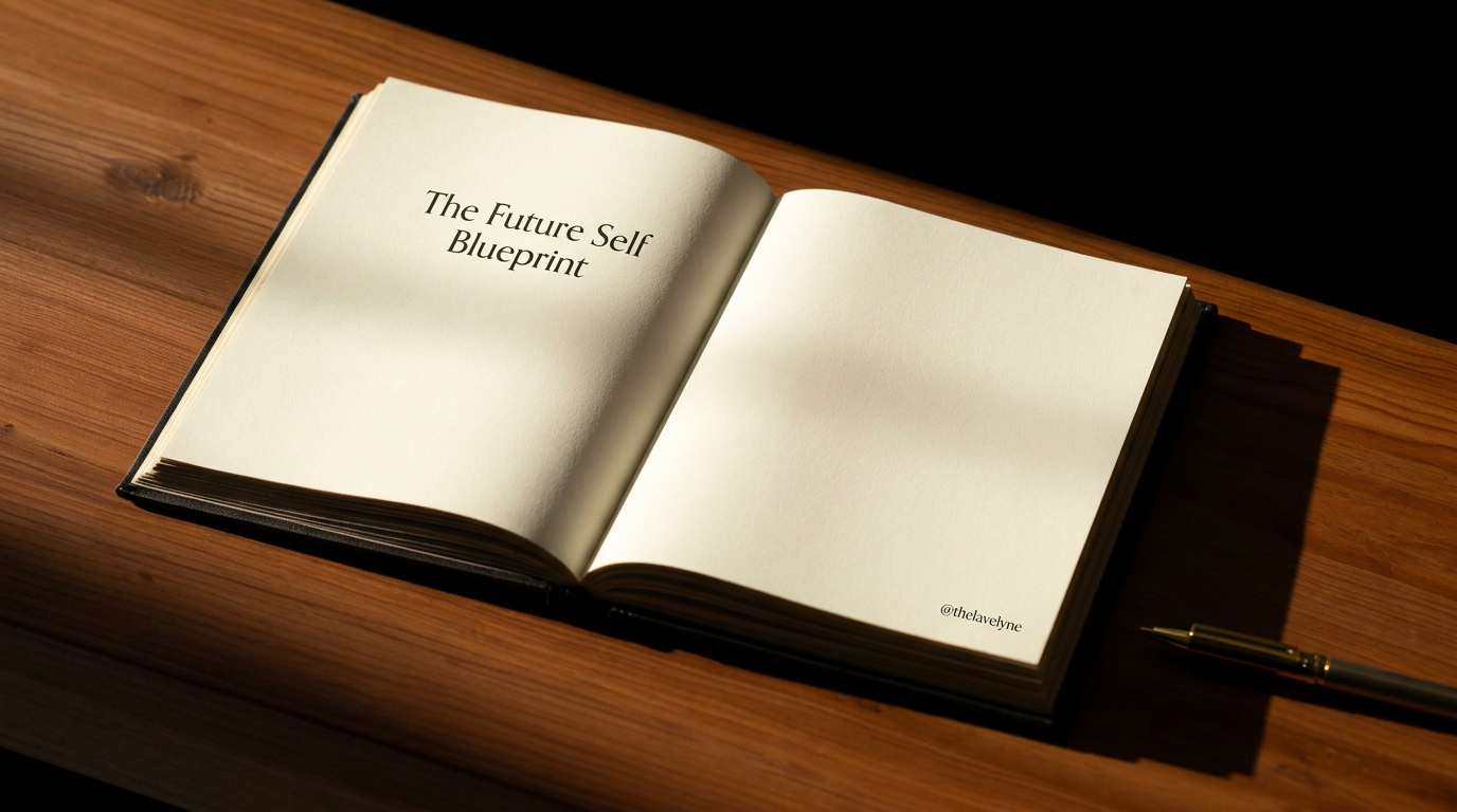 An open ivory workbook reading 'The Future Self Blueprint', a gold pen resting beside it on warm walnut wood