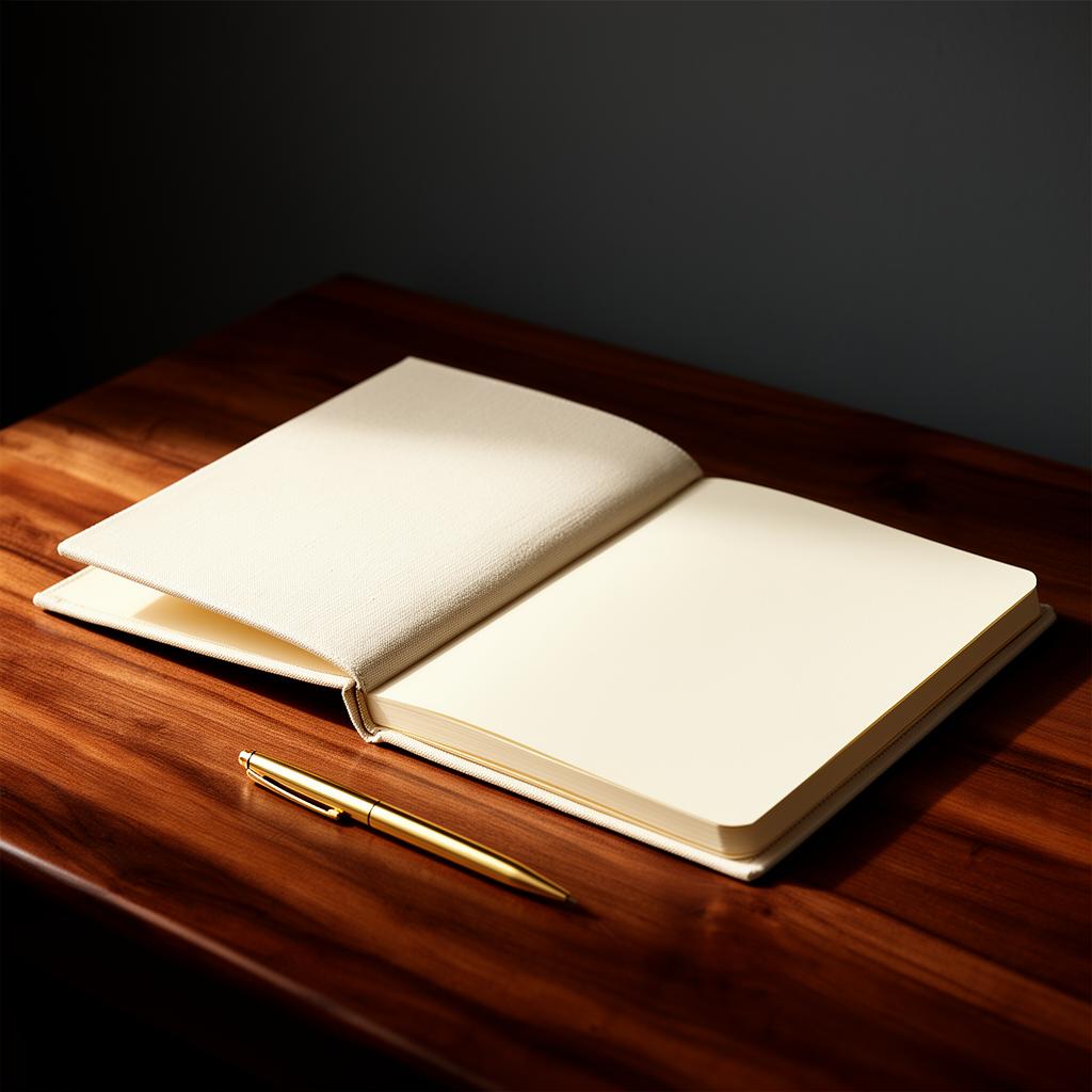 Open ivory workbook with a gold pen on a warm walnut surface